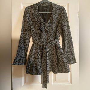 Sandro Studio Womens Gray Black Leopard Ruffle Trim Belted Knit Jacket - Size L